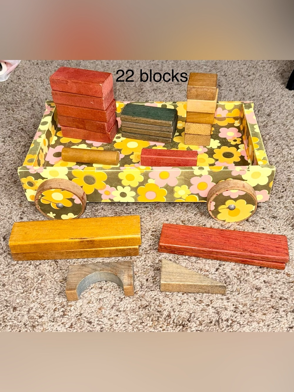 Vintage 1970s Wooden Block Wagon Set - Retro Mod Floral Rolling Cart 22 Blocks!